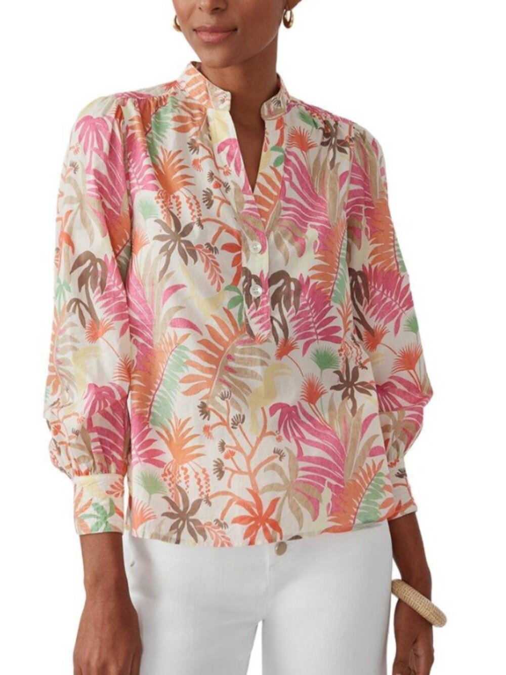 J. McLaughlin Rashell Blouse XL Tropical Floral Cotton Split V-Neck Resort Top